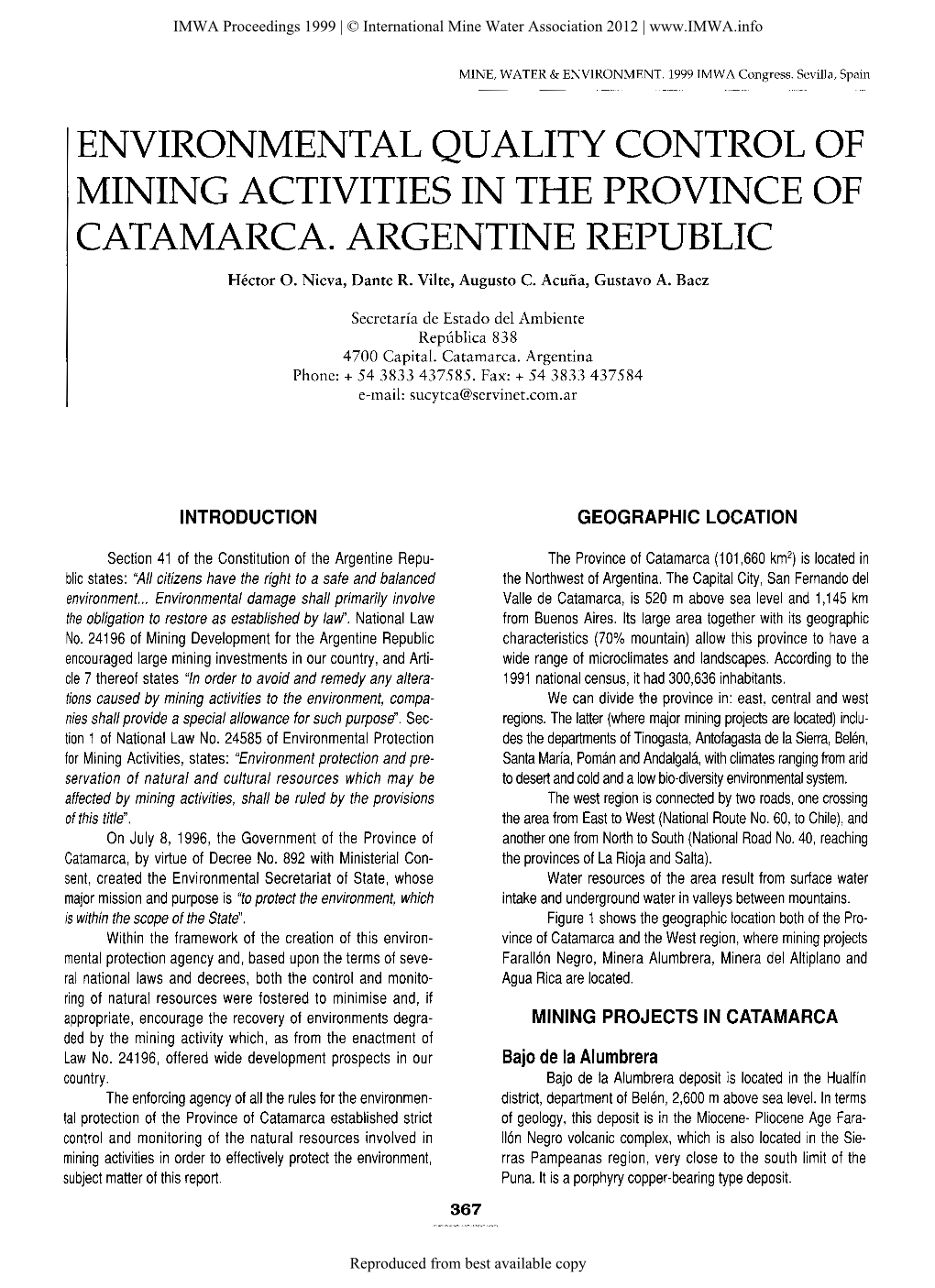 Environmental Quality Control of Mining Activities in the Province of Catamarca