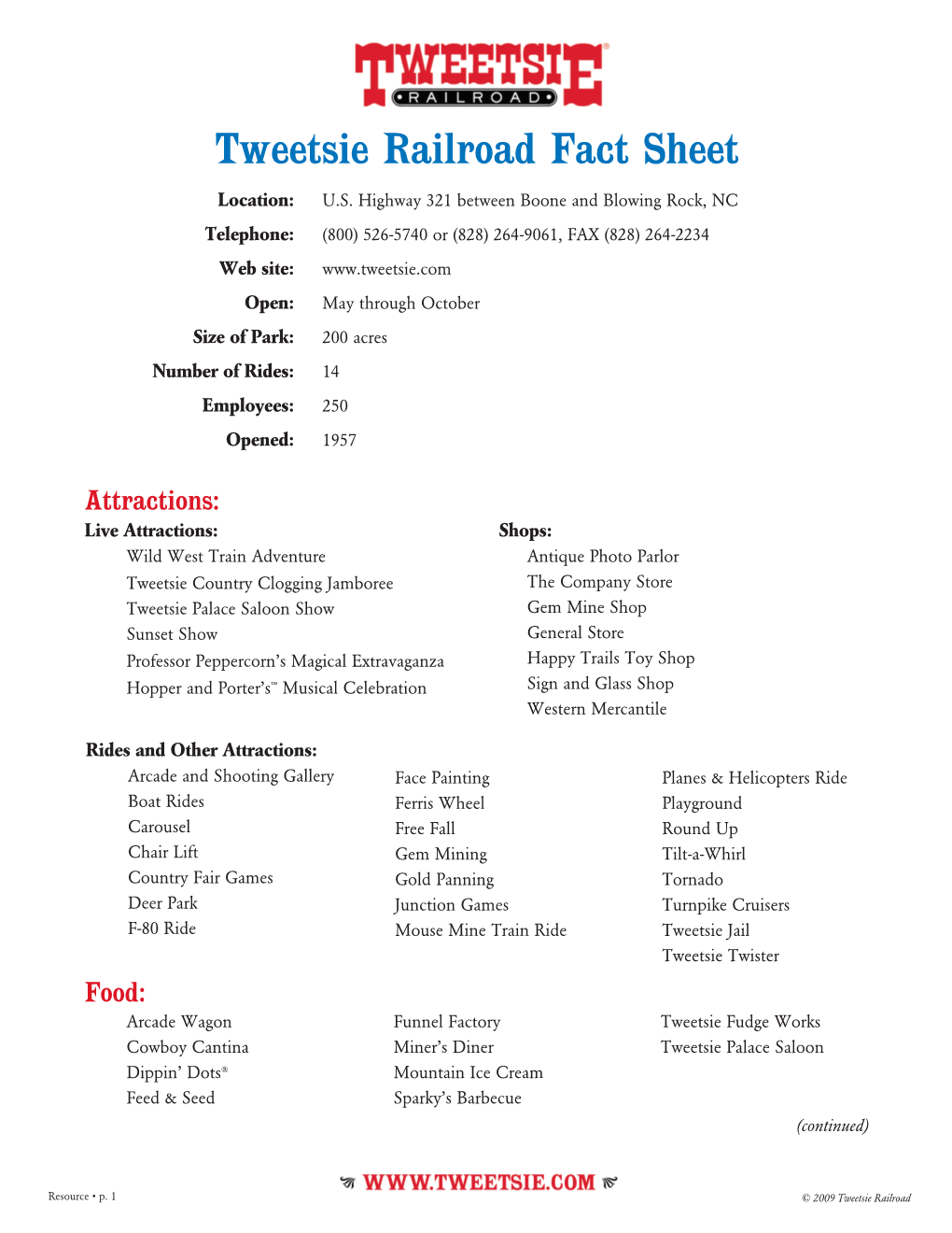 Tweetsie Railroad Fact Sheet