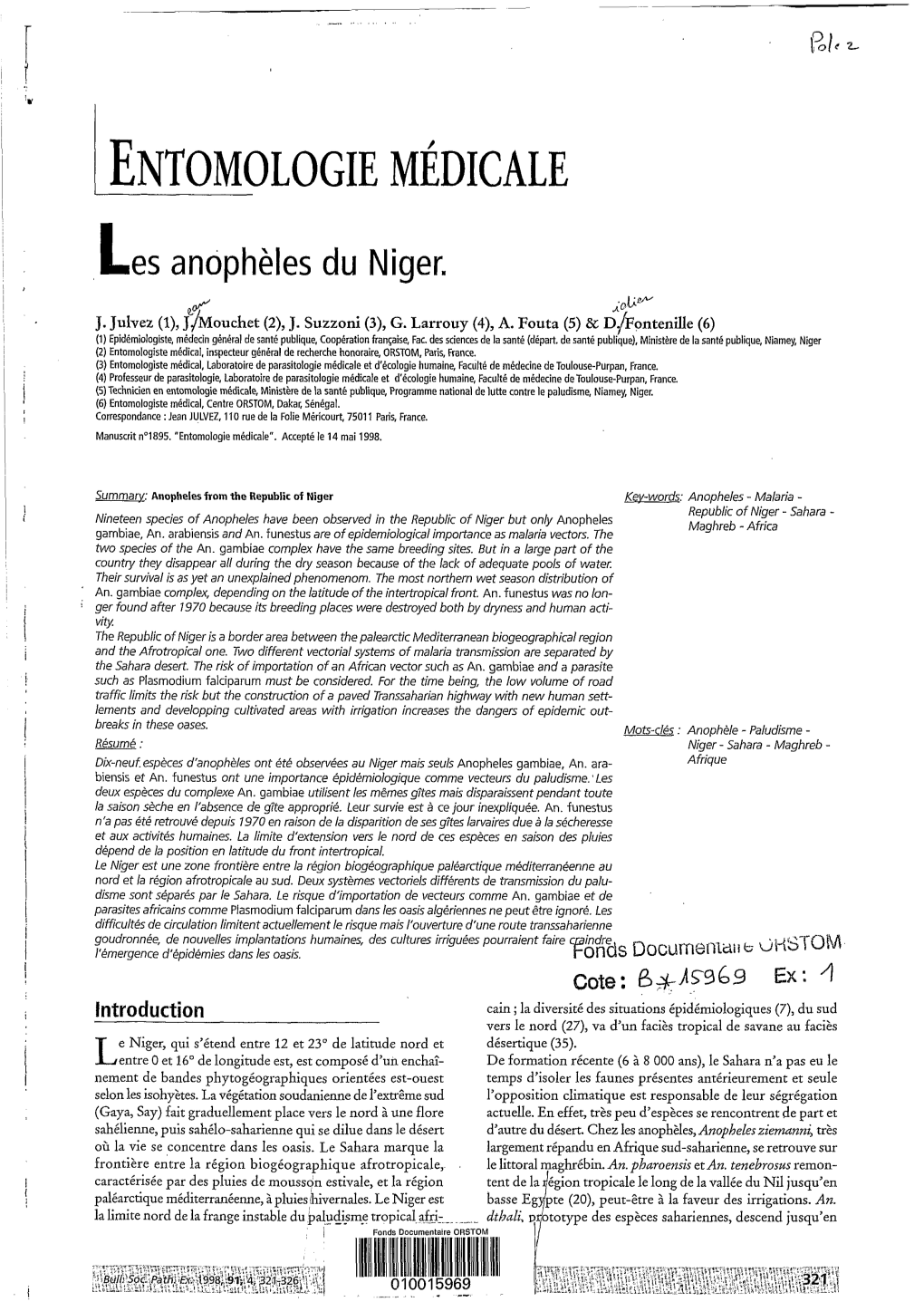Les Anophèles Du Niger