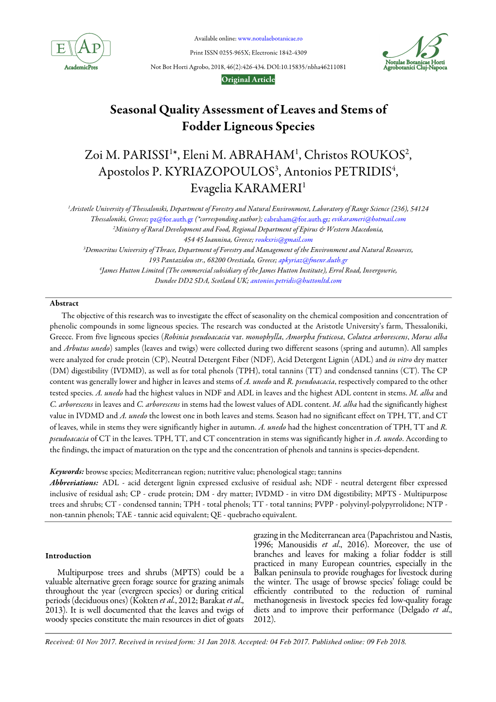 Seasonal Quality Assessment of Leaves and Stems of Fodder Ligneous Species