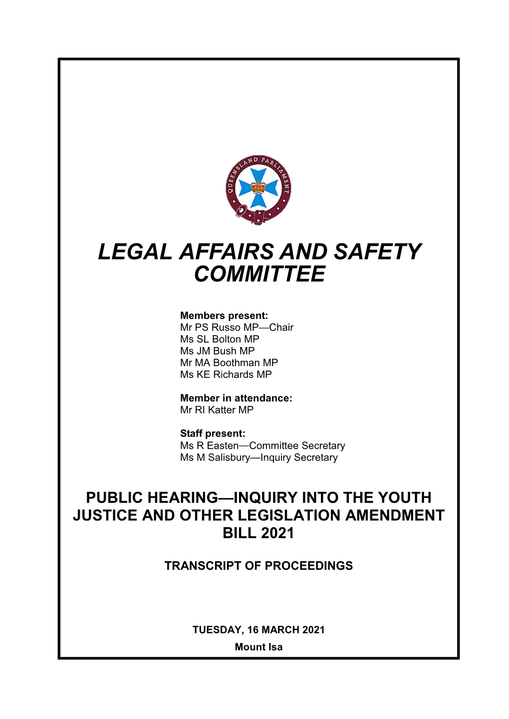 Youth Justice and Other Legislation Amendment Bill 2021