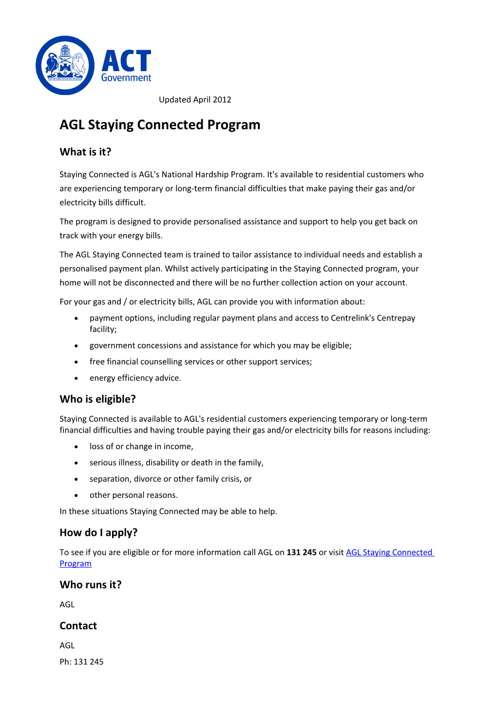 AGL Staying Connected Program