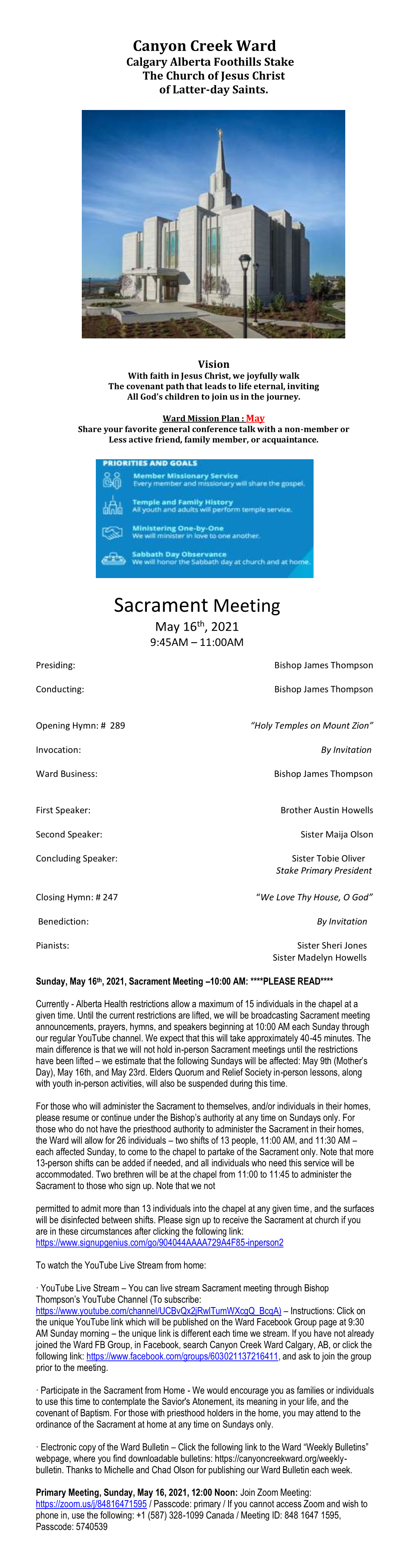 Sacrament Meeting May 16Th, 2021 9:45AM – 11:00AM