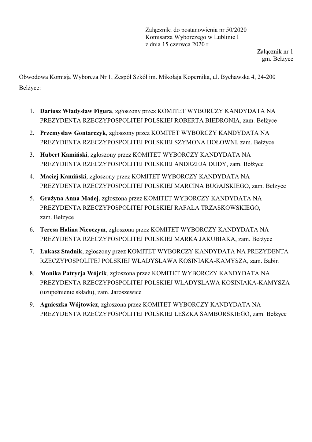 Załączniki Do Postanowienia Nr 50/2020 Komisarza Wyborczego W Lublinie I Z Dnia 15 Czerwca 2020 R