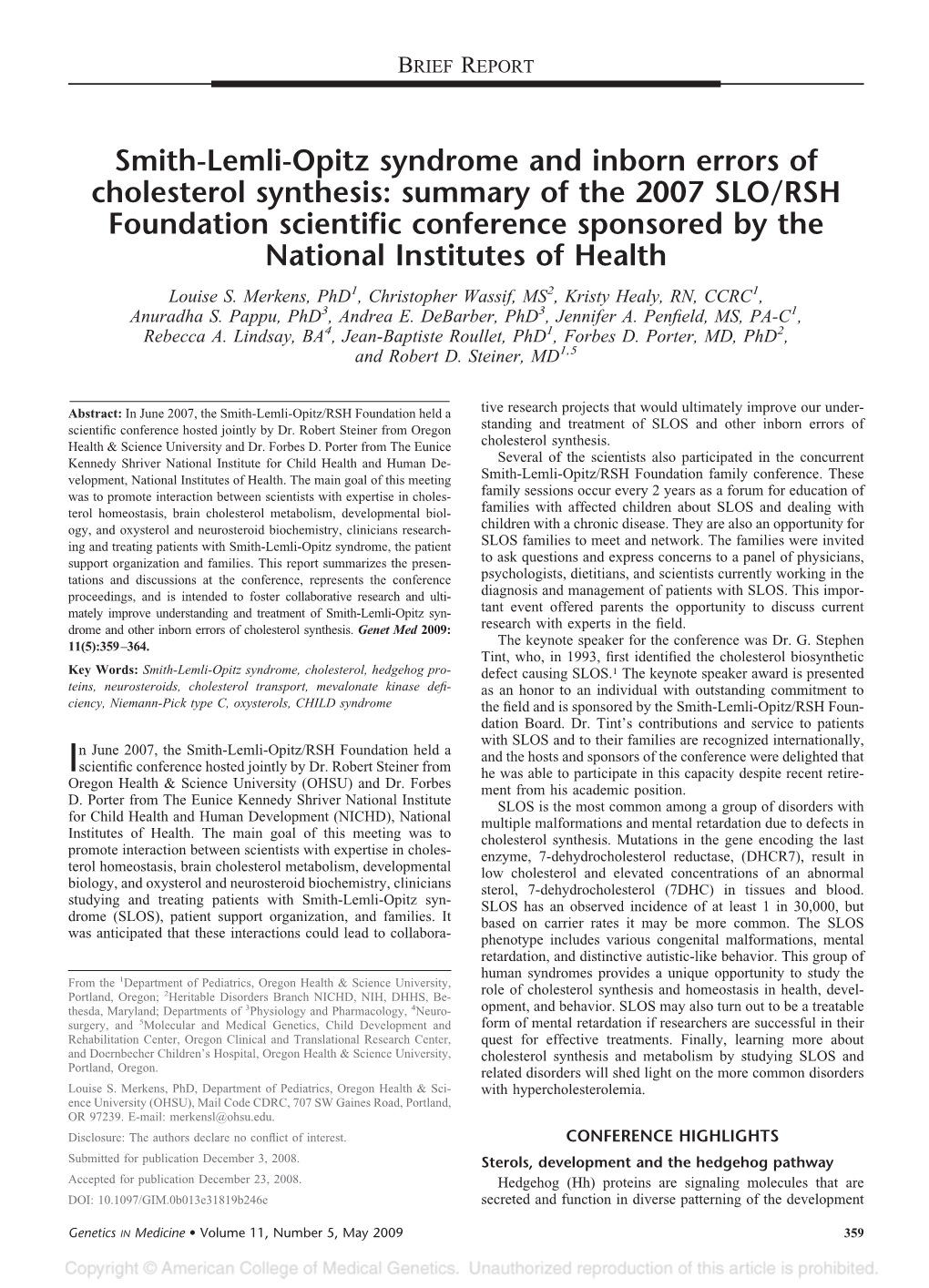 Smith-Lemli-Opitz Syndrome and Inborn Errors of Cholesterol Synthesis