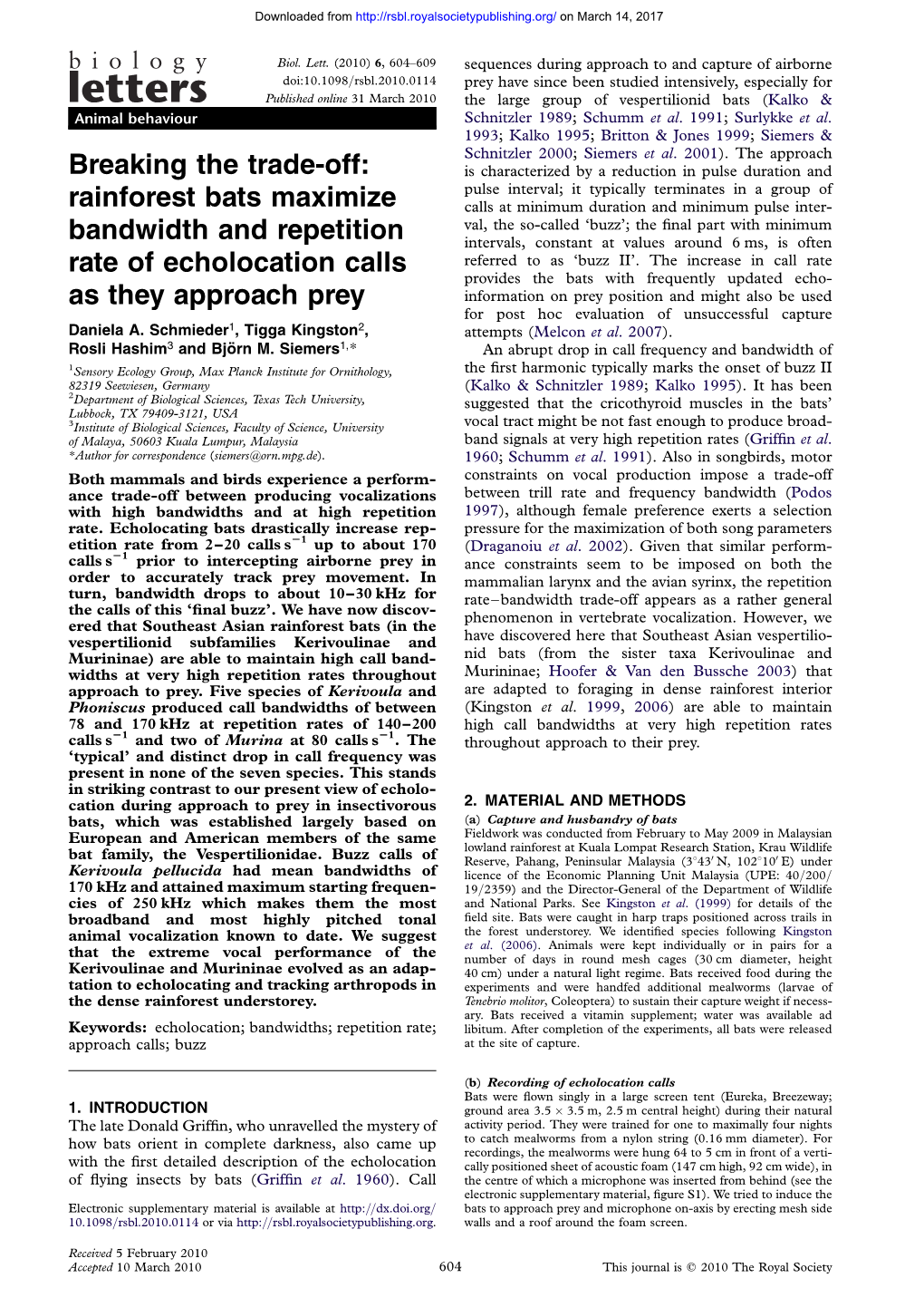 Breaking the Trade-Off: Rainforest Bats Maximize Bandwidth and Repetition Rate of Echolocation Calls As They Approach Prey