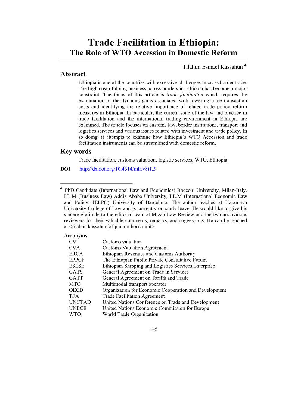 Trade Facilitation in Ethiopia: the Role of WTO Accession in Domestic Reform