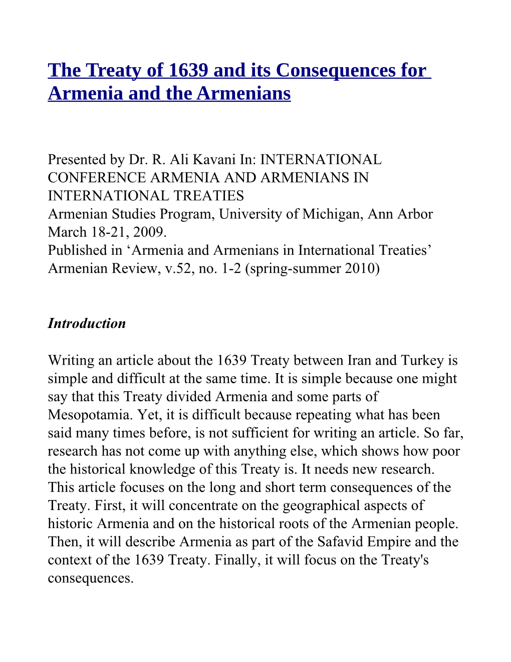 The Treaty of 1639 and Its Consequences for Armenia and the Armenians