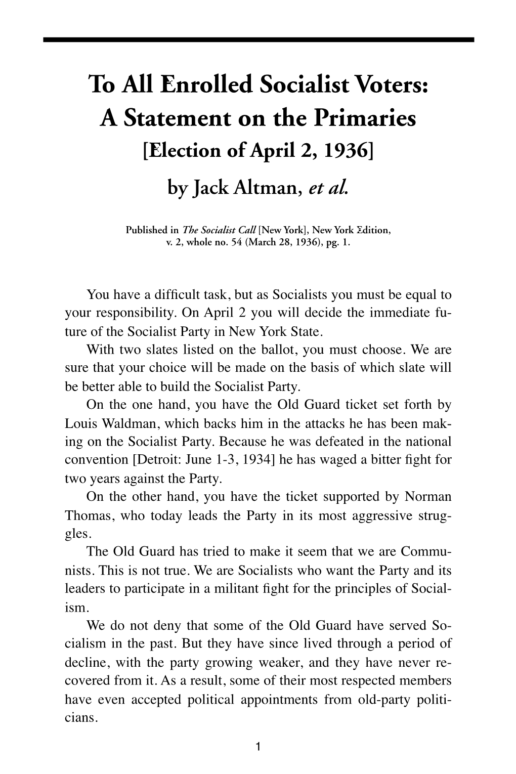 To All Enrolled Socialist Voters: a Statement on the Primaries [Election of April 2, 1936] by Jack Altman, Et Al