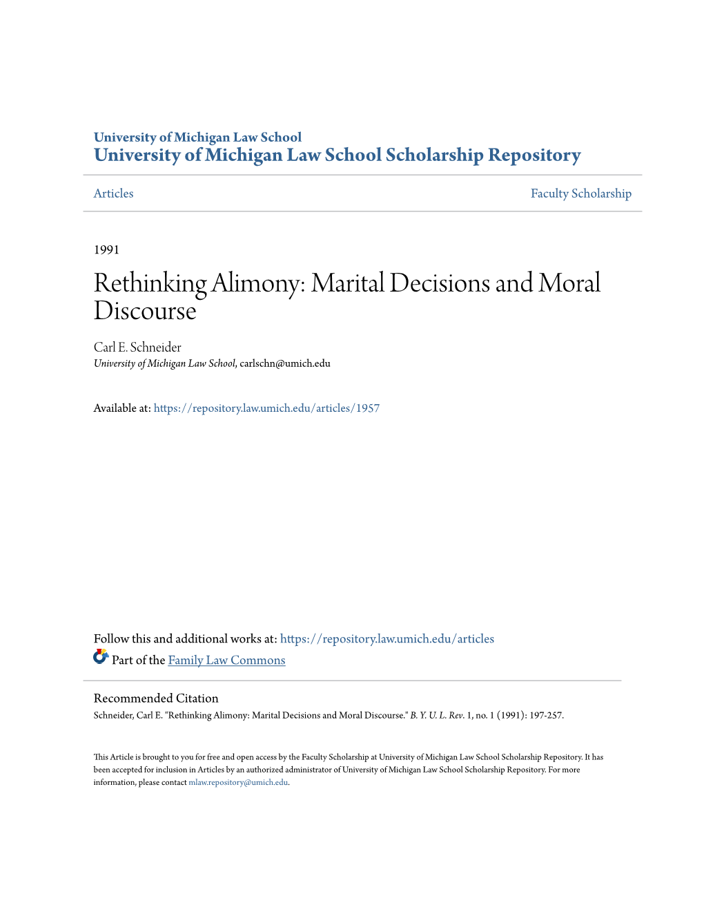 Rethinking Alimony: Marital Decisions and Moral Discourse Carl E