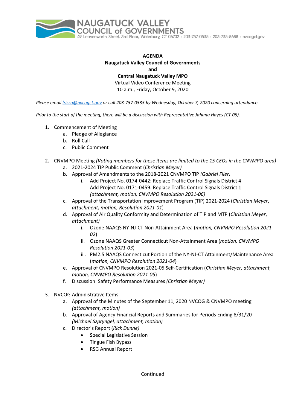 Continued AGENDA Naugatuck Valley Council of Governments And