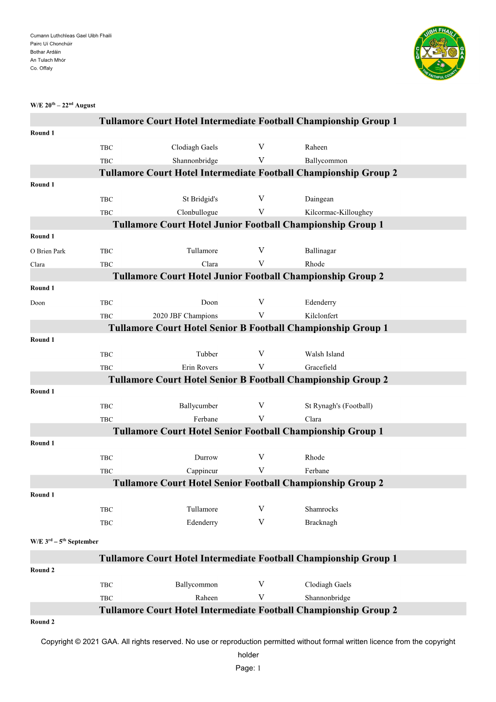 2021 Adult Football Championship Fixtures