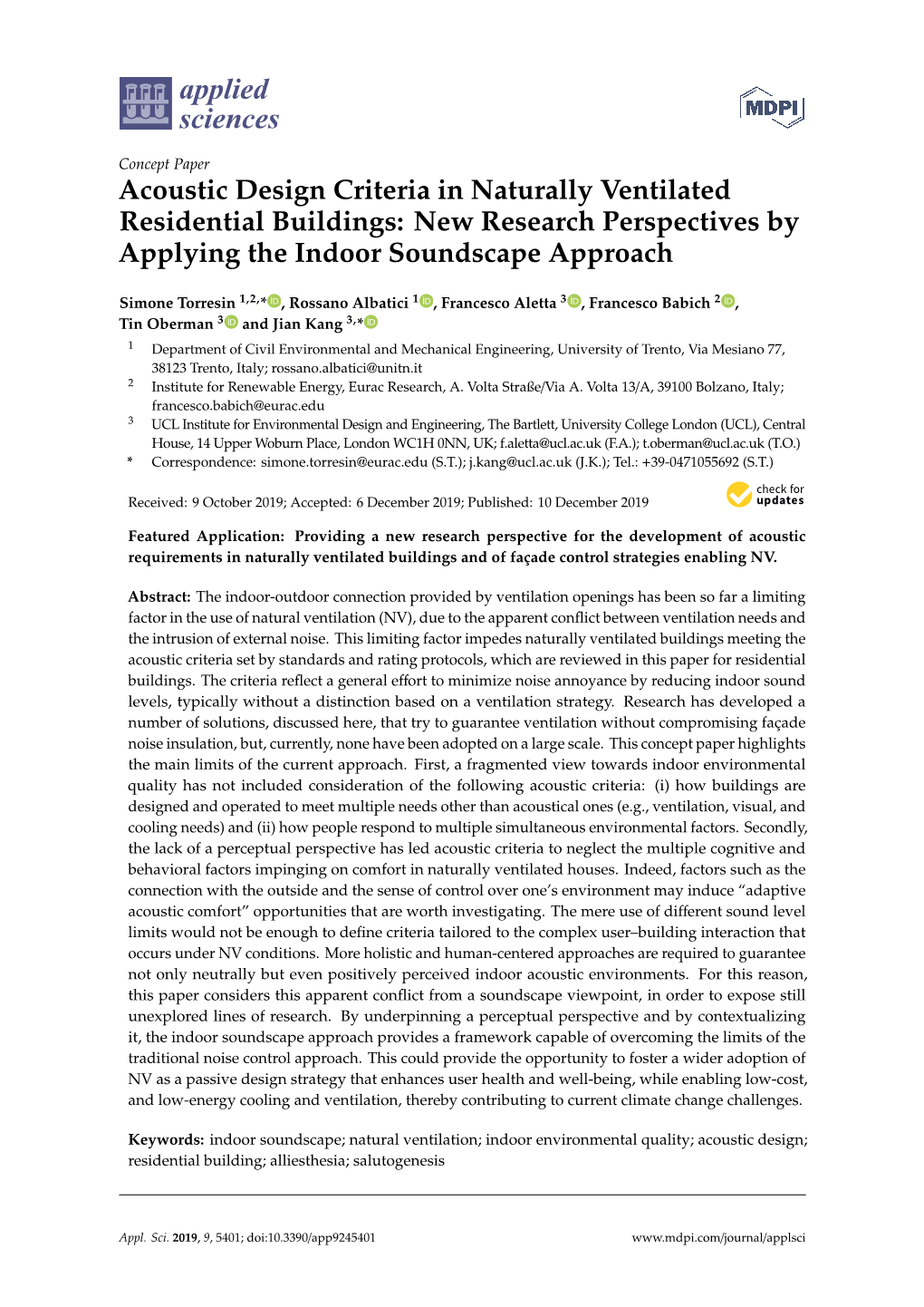 Acoustic Design Criteria in Naturally Ventilated Residential Buildings: New Research Perspectives by Applying the Indoor Soundscape Approach