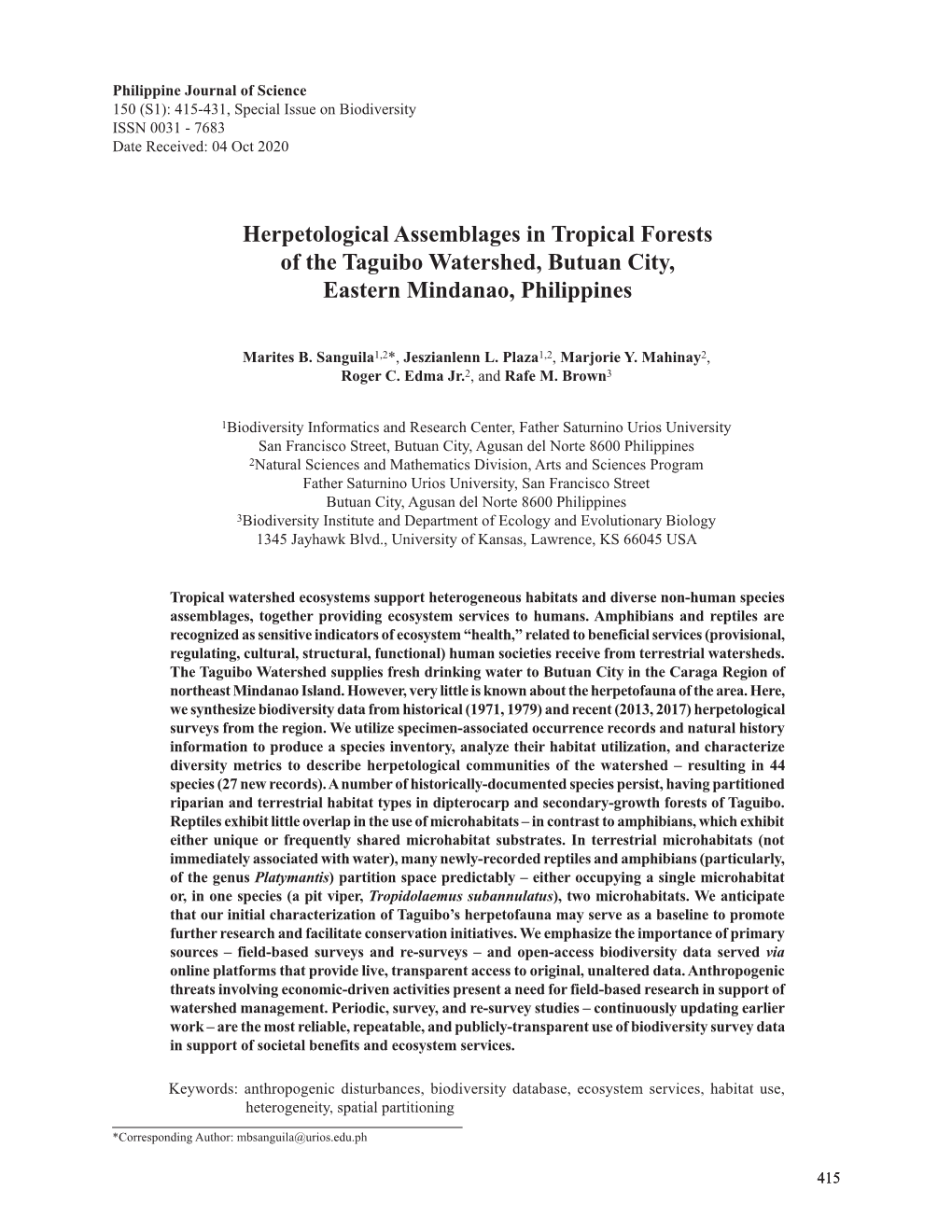 Herpetological Assemblages in Tropical Forests of the Taguibo Watershed, Butuan City, Eastern Mindanao, Philippines