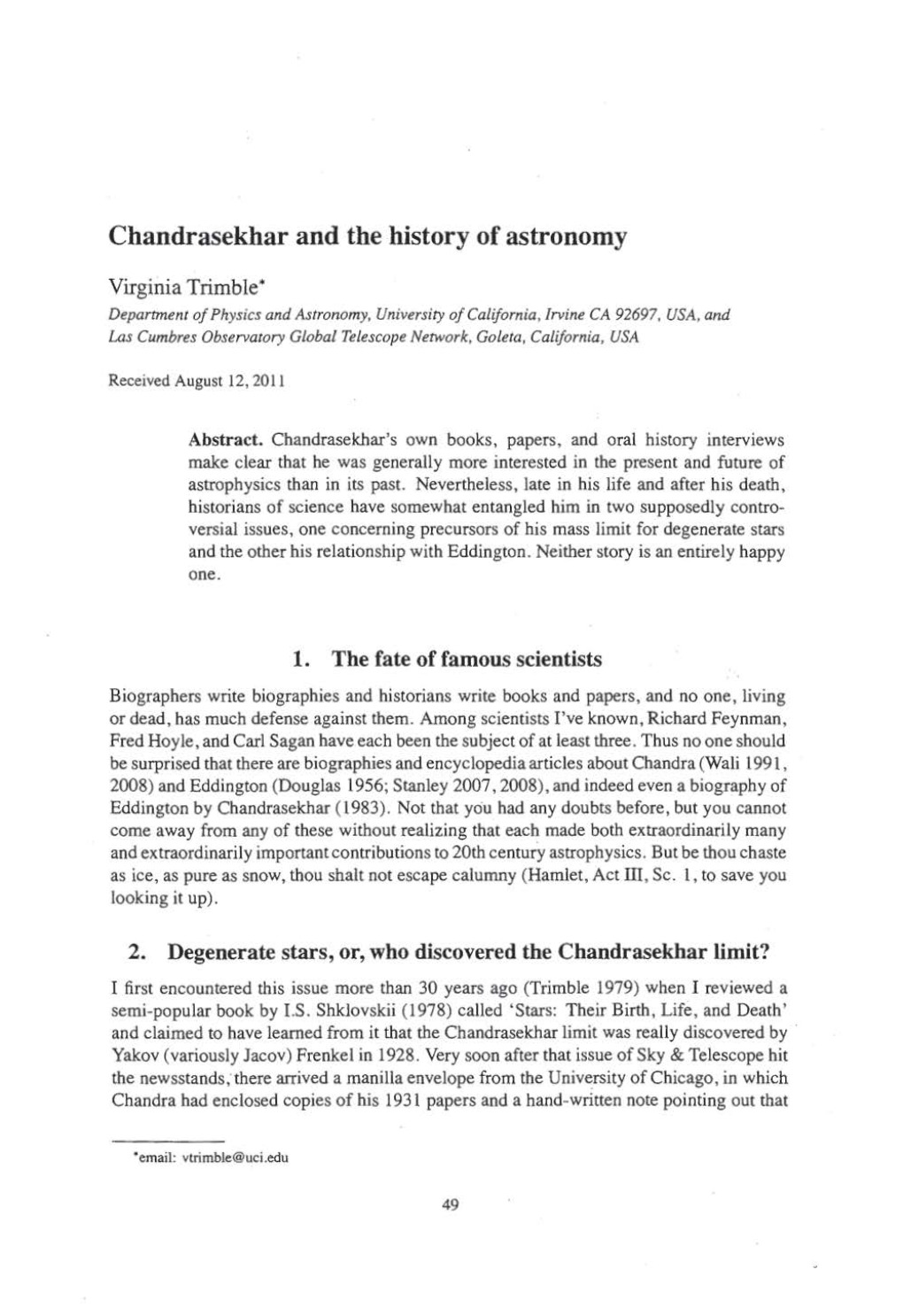 Chandrasekhar and the History of Astronomy