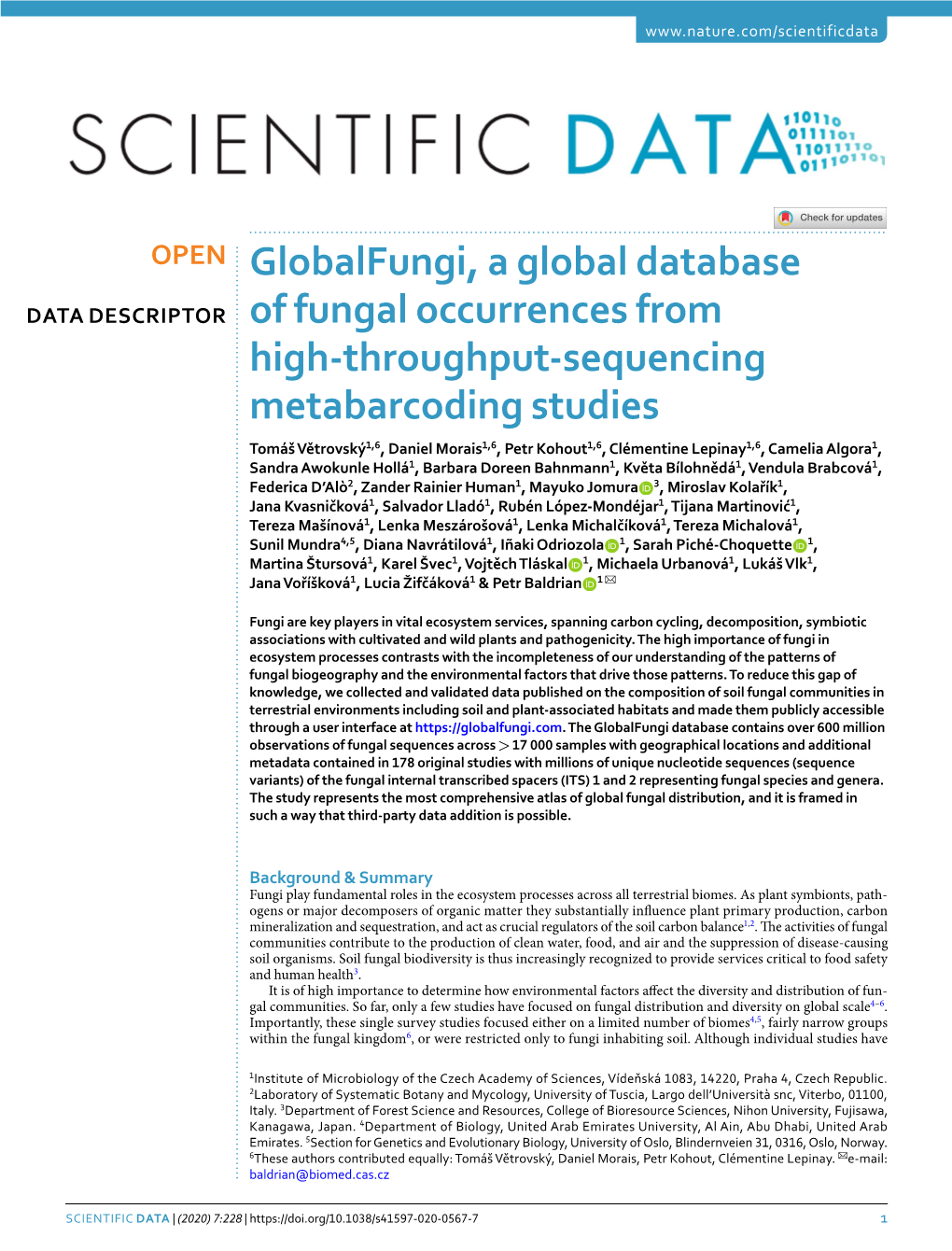 Globalfungi, a Global Database of Fungal Occurrences from High