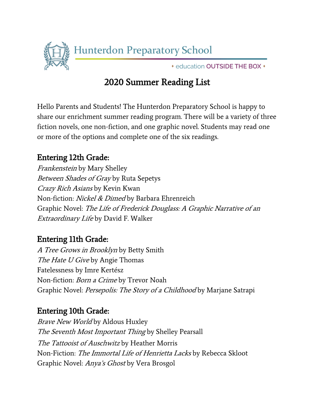 2020 Summer Reading List