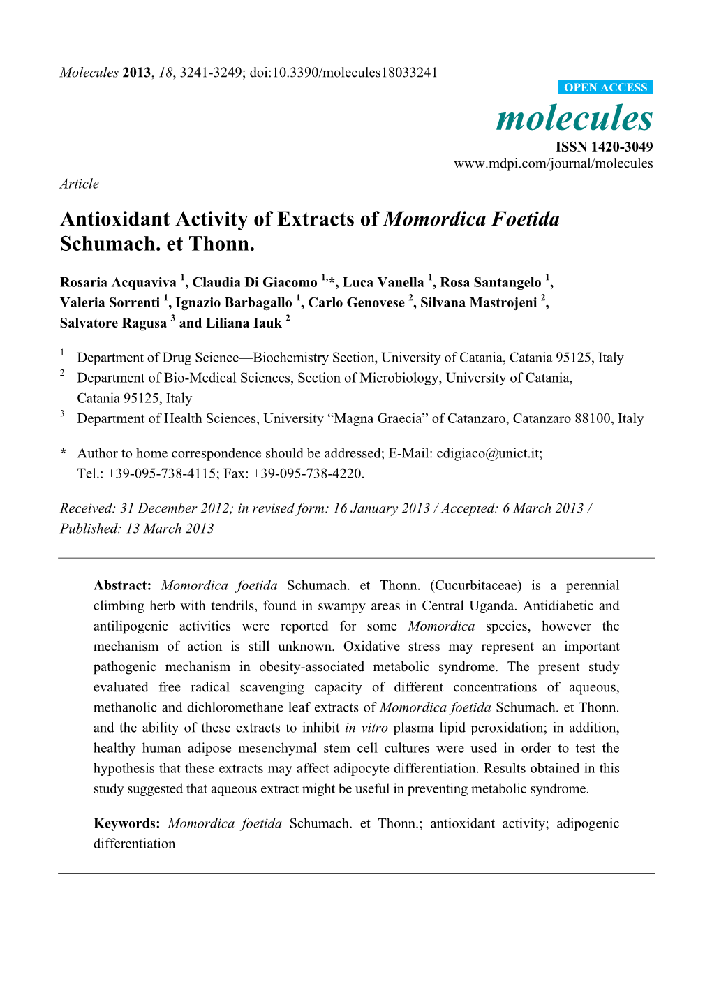 Antioxidant Activity of Extracts of Momordica Foetida Schumach. Et Thonn