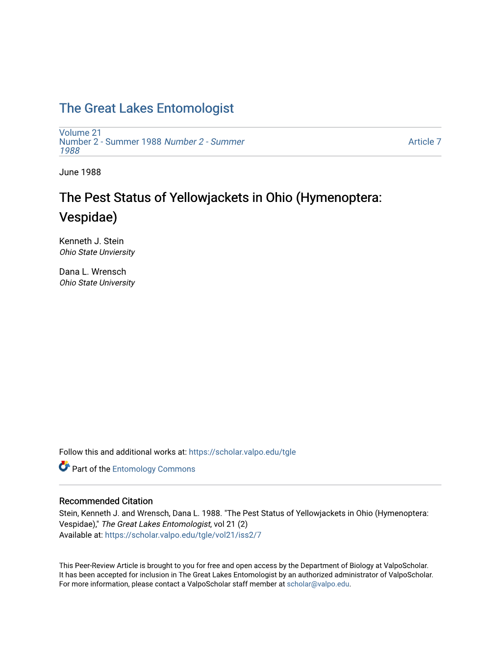 The Pest Status of Yellowjackets in Ohio (Hymenoptera: Vespidae)