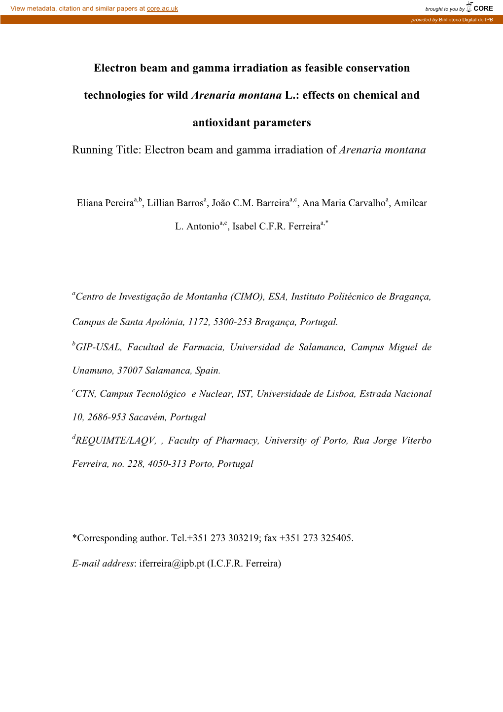 Electron Beam and Gamma Irradiation As Feasible Conservation Technologies for Wild Arenaria Montana L