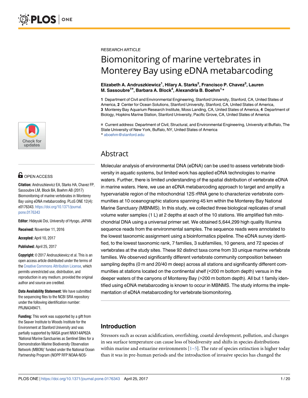 Biomonitoring of Marine Vertebrates in Monterey Bay Using Edna Metabarcoding