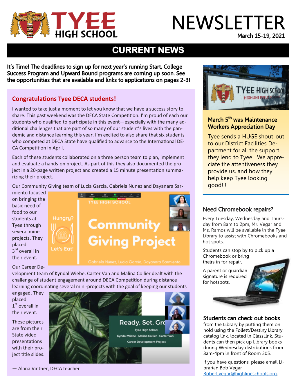 NEWSLETTER March 15-19, 2021 CURRENT NEWS