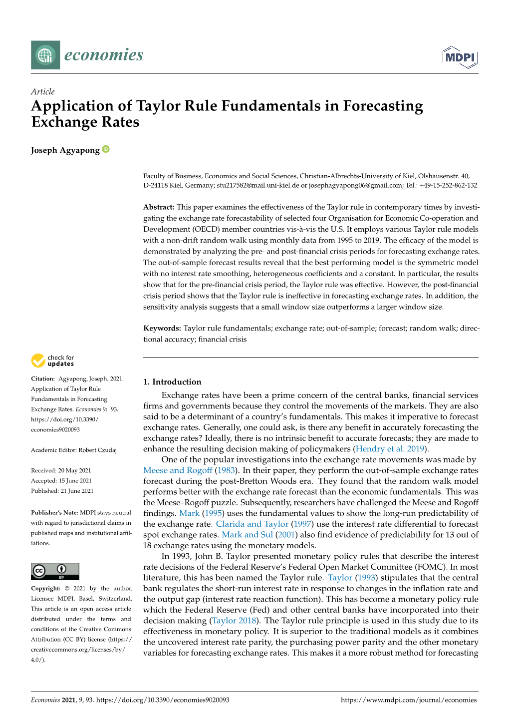 Application of Taylor Rule Fundamentals in Forecasting Exchange Rates