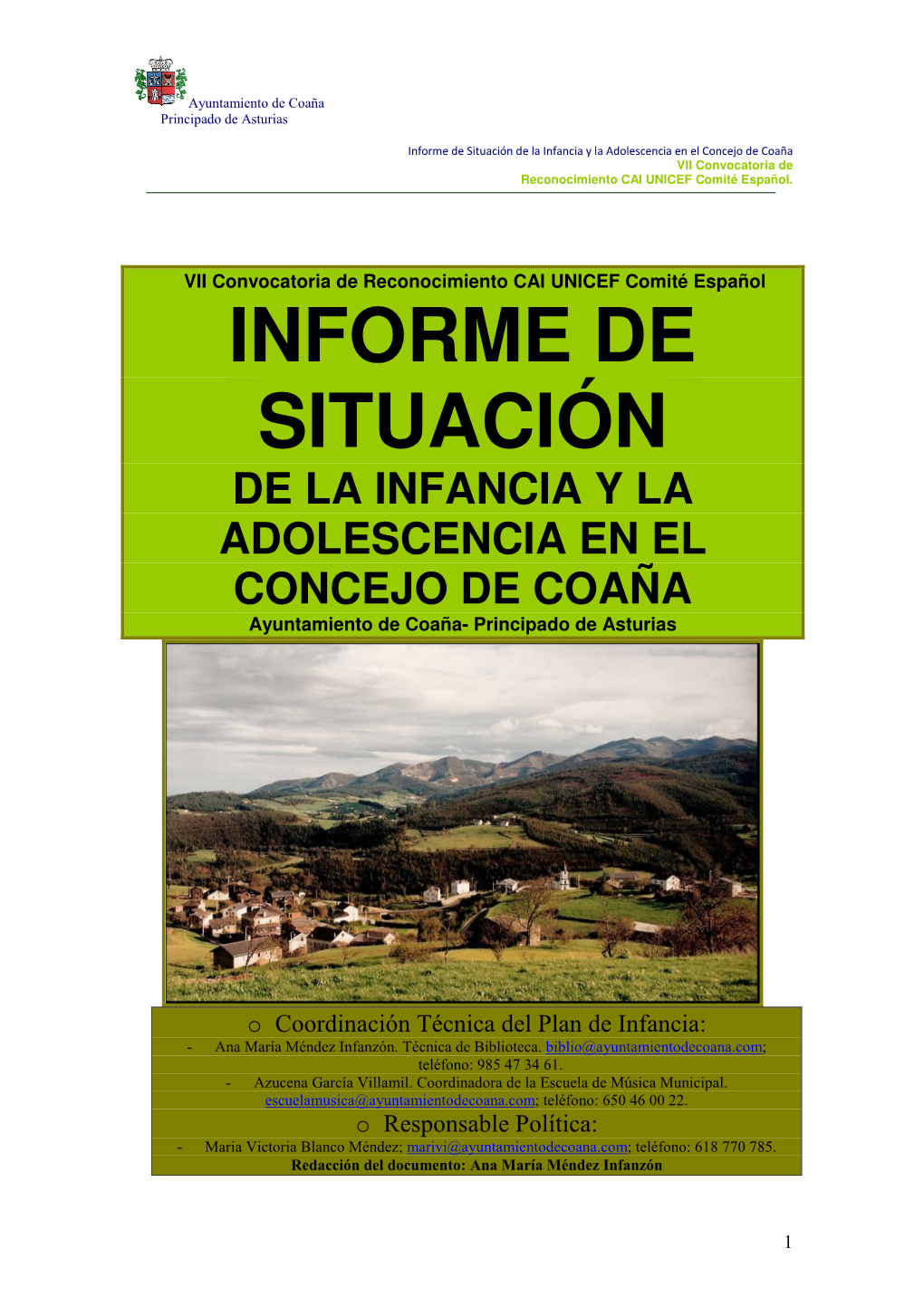 Informe De Situación De La Infancia Y La Adolescencia En El Concejo De Coaña VII Convocatoria De Reconocimiento CAI UNICEF Comité Español