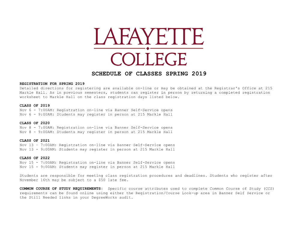 Schedule of Classes Spring 2019