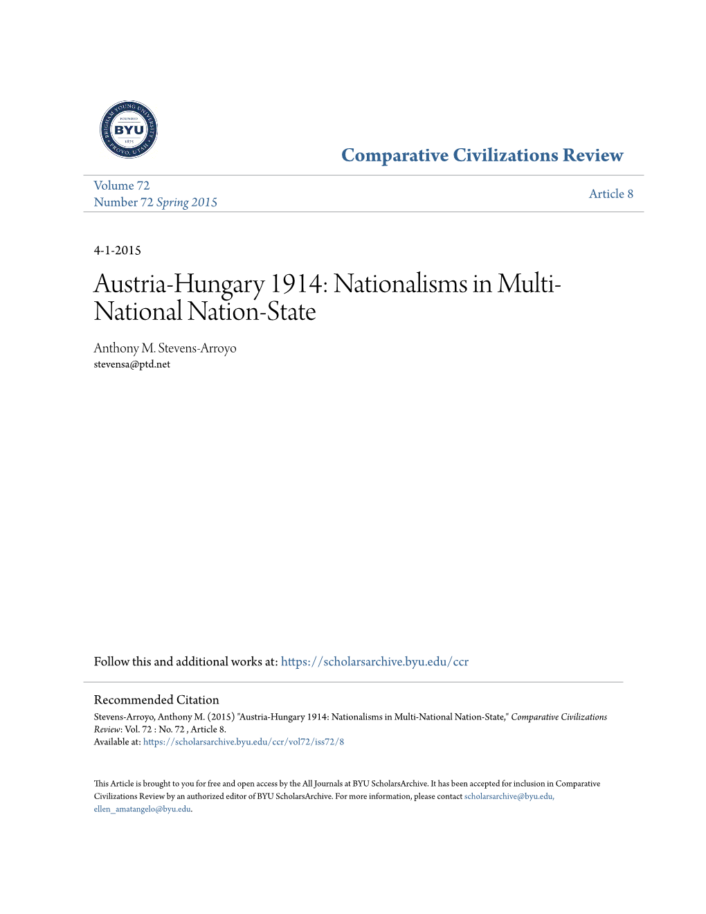 Austria-Hungary 1914: Nationalisms in Multi- National Nation-State Anthony M