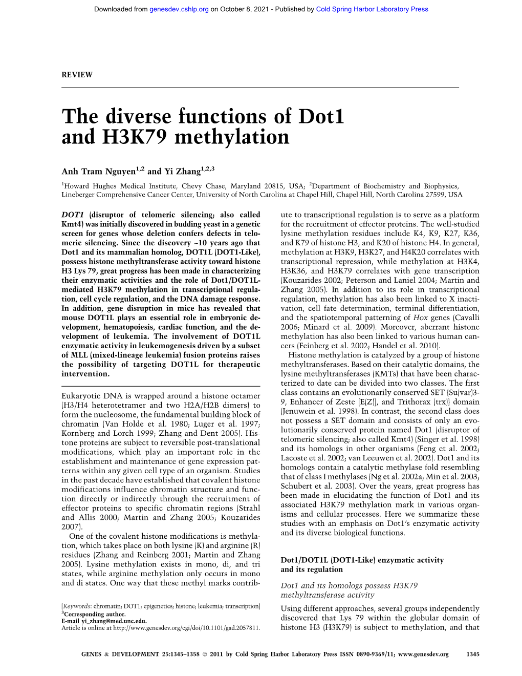 The Diverse Functions of Dot1 and H3K79 Methylation