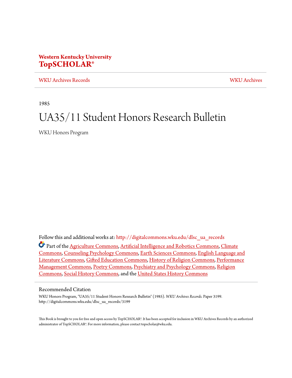 UA35/11 Student Honors Research Bulletin WKU Honors Program