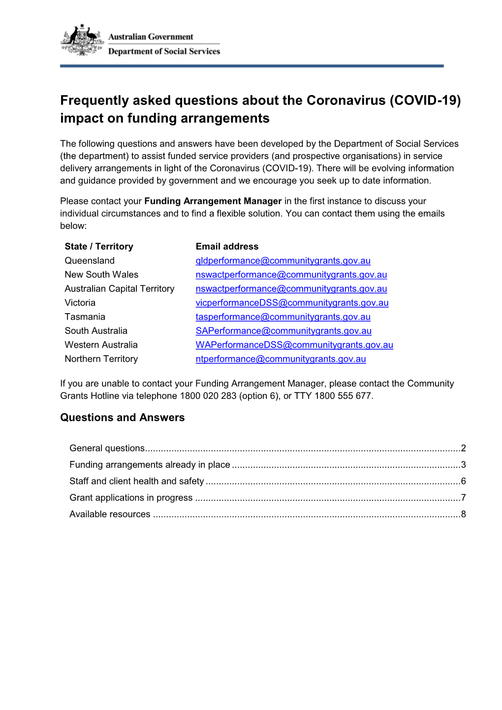 Frequently Asked Questions About the Coronavirus (COVID-19) Impact on Funding Arrangements