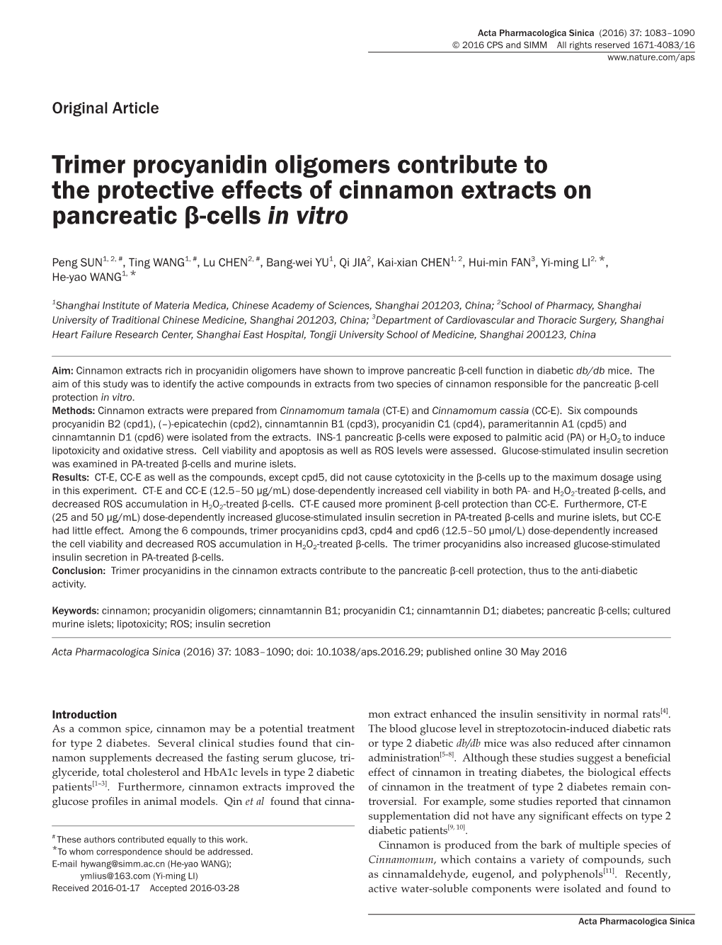 Trimer Procyanidin Oligomers Contribute to the Protective Effects of Cinnamon Extracts on Pancreatic Β-Cells in Vitro