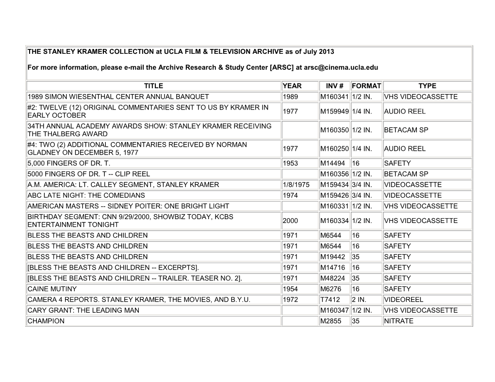 THE STANLEY KRAMER COLLECTION at UCLA FILM & TELEVISION ARCHIVE As of July 2013