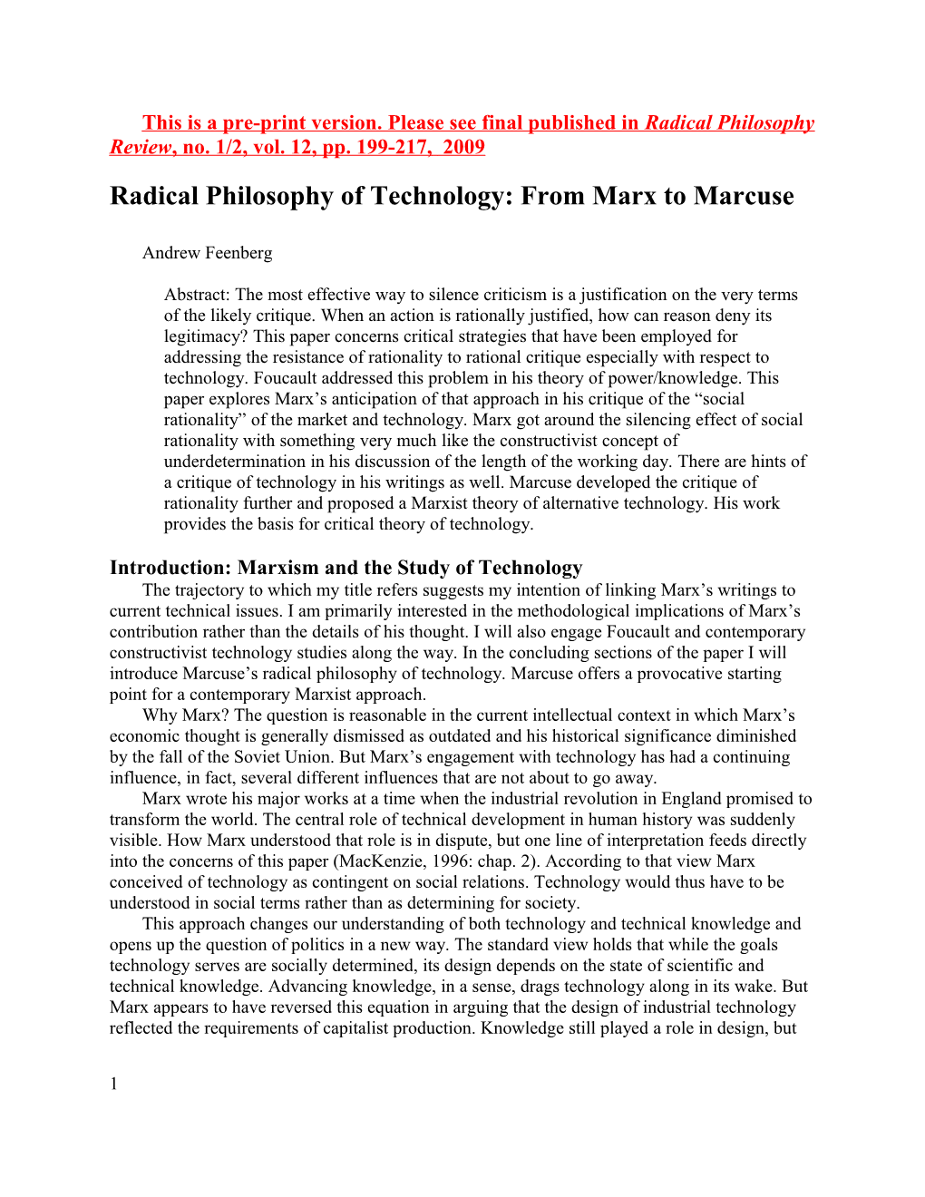 The Title of My Talk Is Marx and the Critique of Rationality: from Surplus Value to Technology