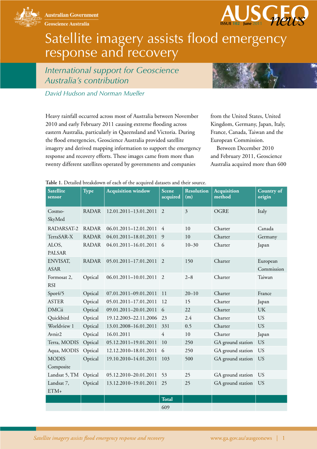 Satellite Imagery Assists Flood Emergency Response and Recovery International Support for Geoscience Australia’S Contribution David Hudson and Norman Mueller