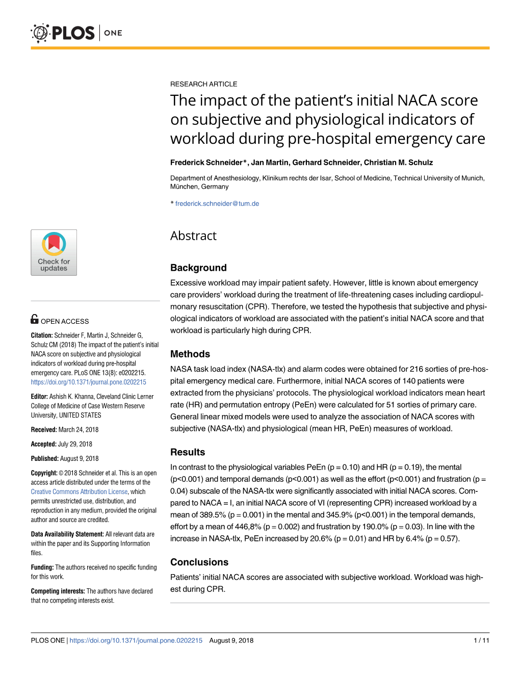 The Impact of the Patient's Initial NACA Score on Subjective and Physiological Indicators of Workload During Pre-Hospital Emergency Care