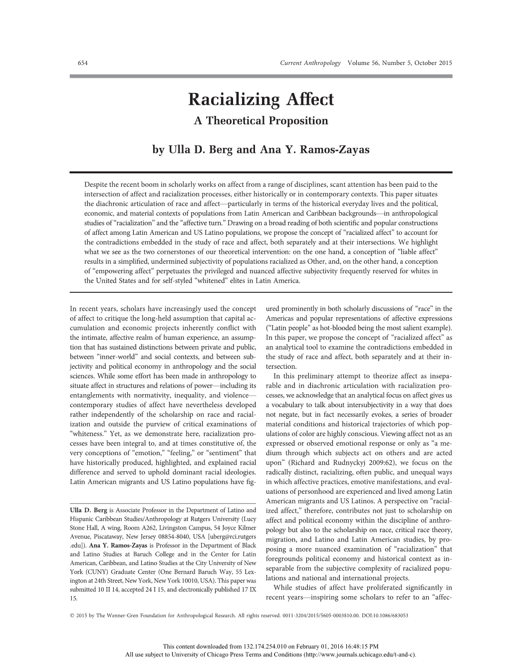 Racializing Affect a Theoretical Proposition