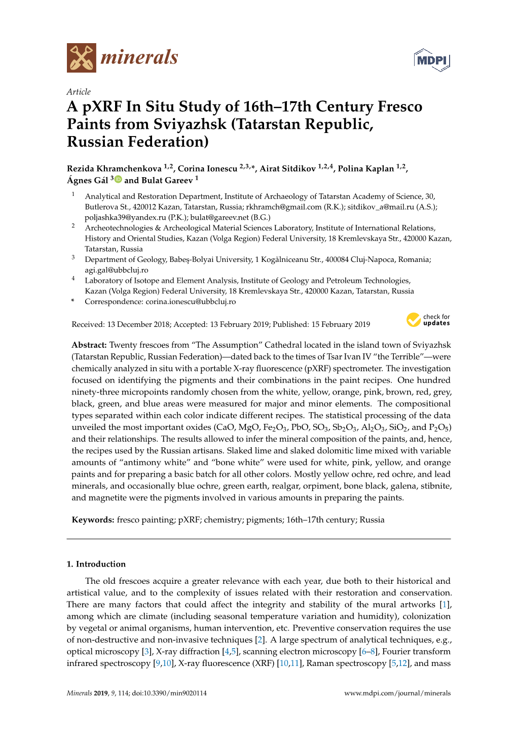 A Pxrf in Situ Study of 16Th–17Th Century Fresco Paints from Sviyazhsk (Tatarstan Republic, Russian Federation)