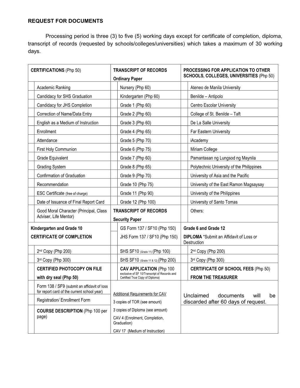 REQUEST for DOCUMENTS Processing Period Is Three (3) to Five