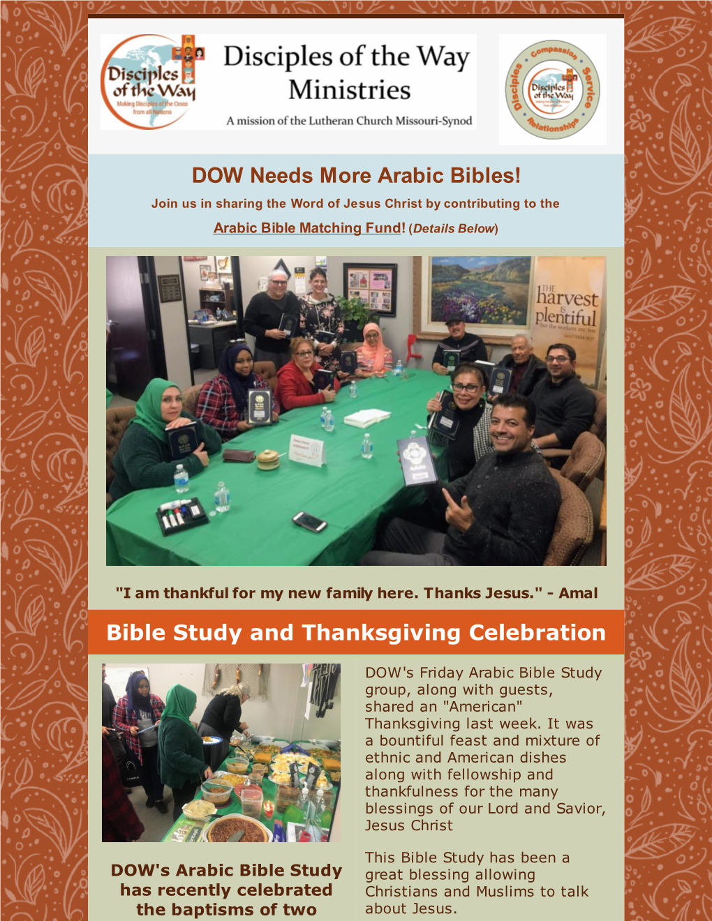 DOW Needs More Arabic Bibles! Bible Study and Thanksgiving Celebration
