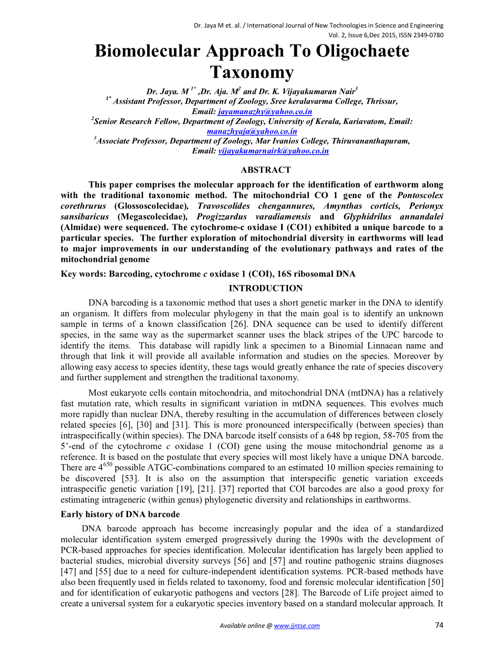 Biomolecular Approach to Oligochaete Taxonomy Dr