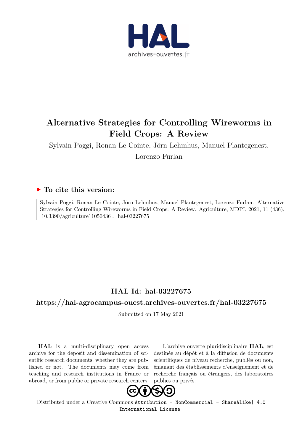 Alternative Strategies for Controlling Wireworms in Field Crops: a Review Sylvain Poggi, Ronan Le Cointe, Jörn Lehmhus, Manuel Plantegenest, Lorenzo Furlan