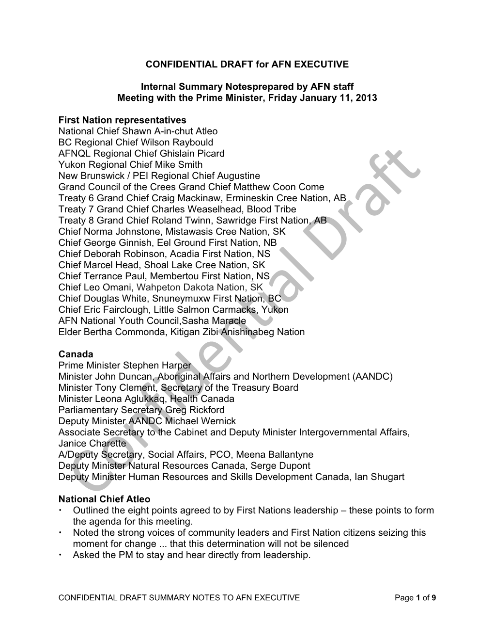 CONFIDENTIAL DRAFT for AFN EXECUTIVE Internal Summary