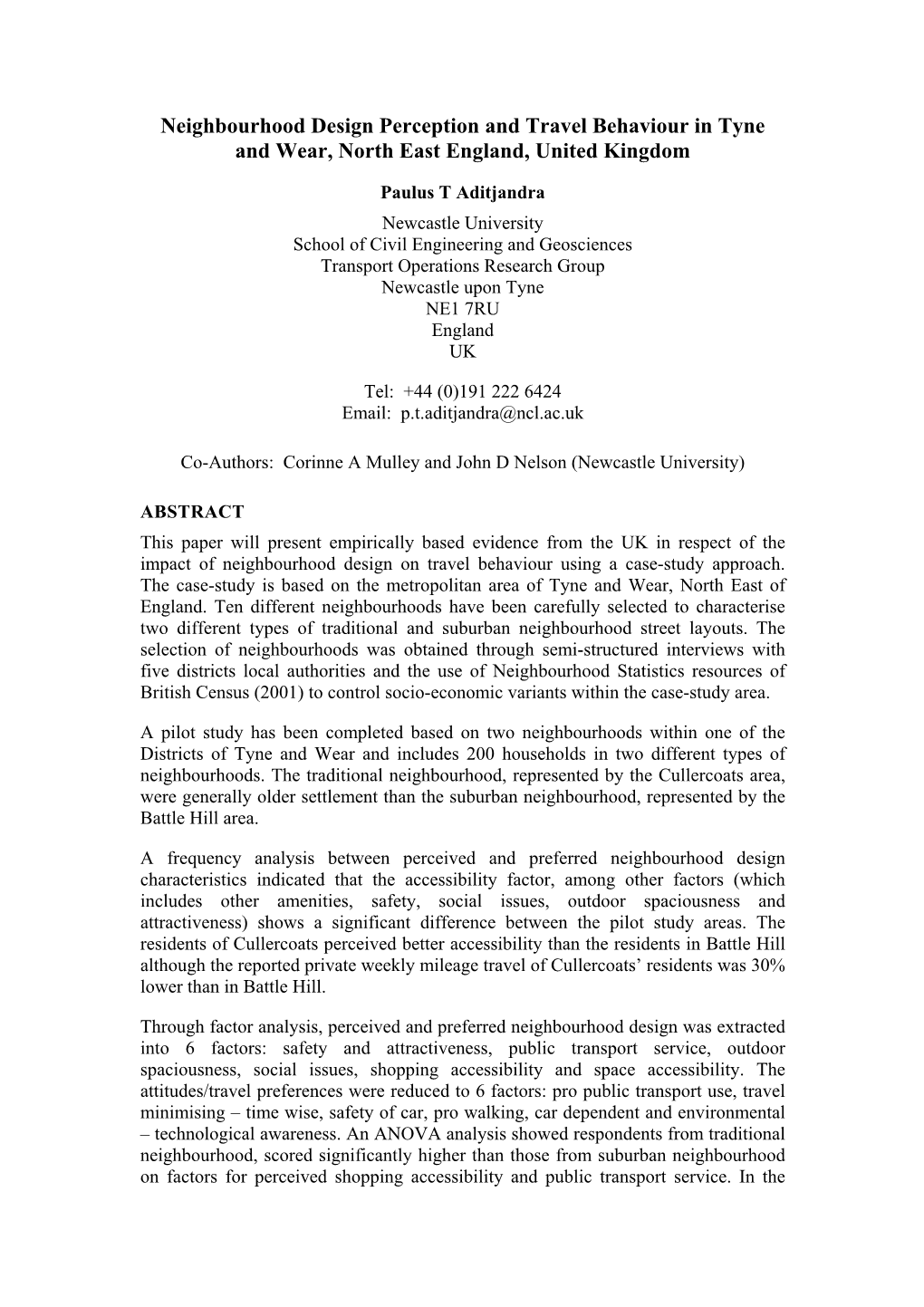 Neighbourhood Design Perception and Travel Behaviour in Tyne and Wear, North East England, United Kingdom