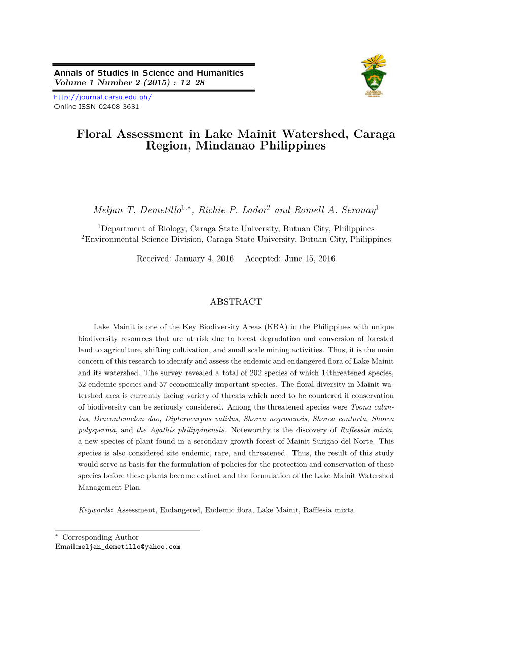 Floral Assessment in Lake Mainit Watershed, Caraga Region, Mindanao Philippines