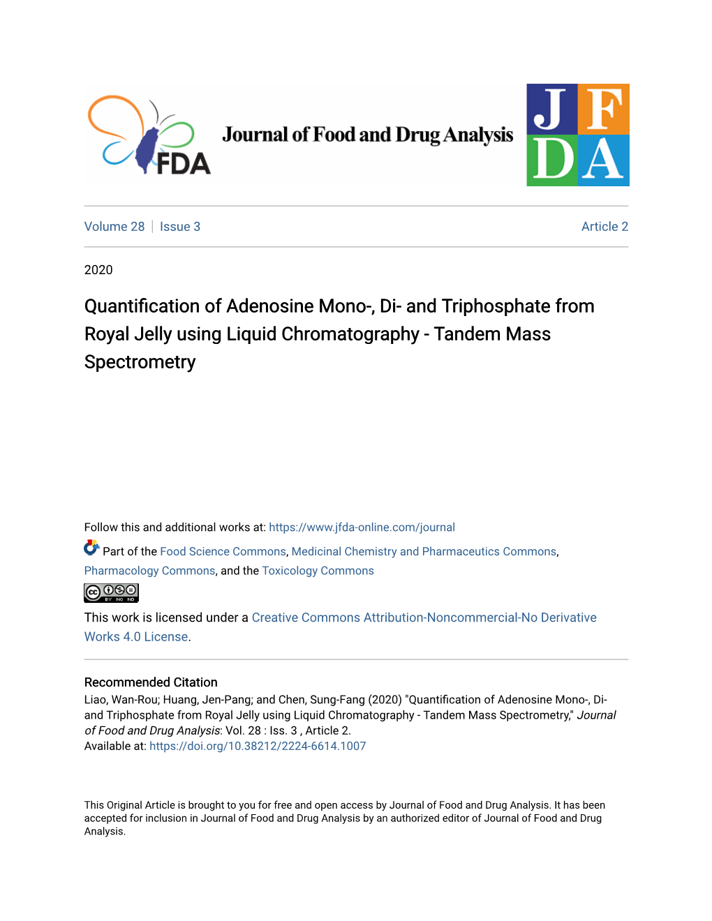 And Triphosphate from Royal Jelly Using Liquid Chromatography - Tandem Mass Spectrometry,