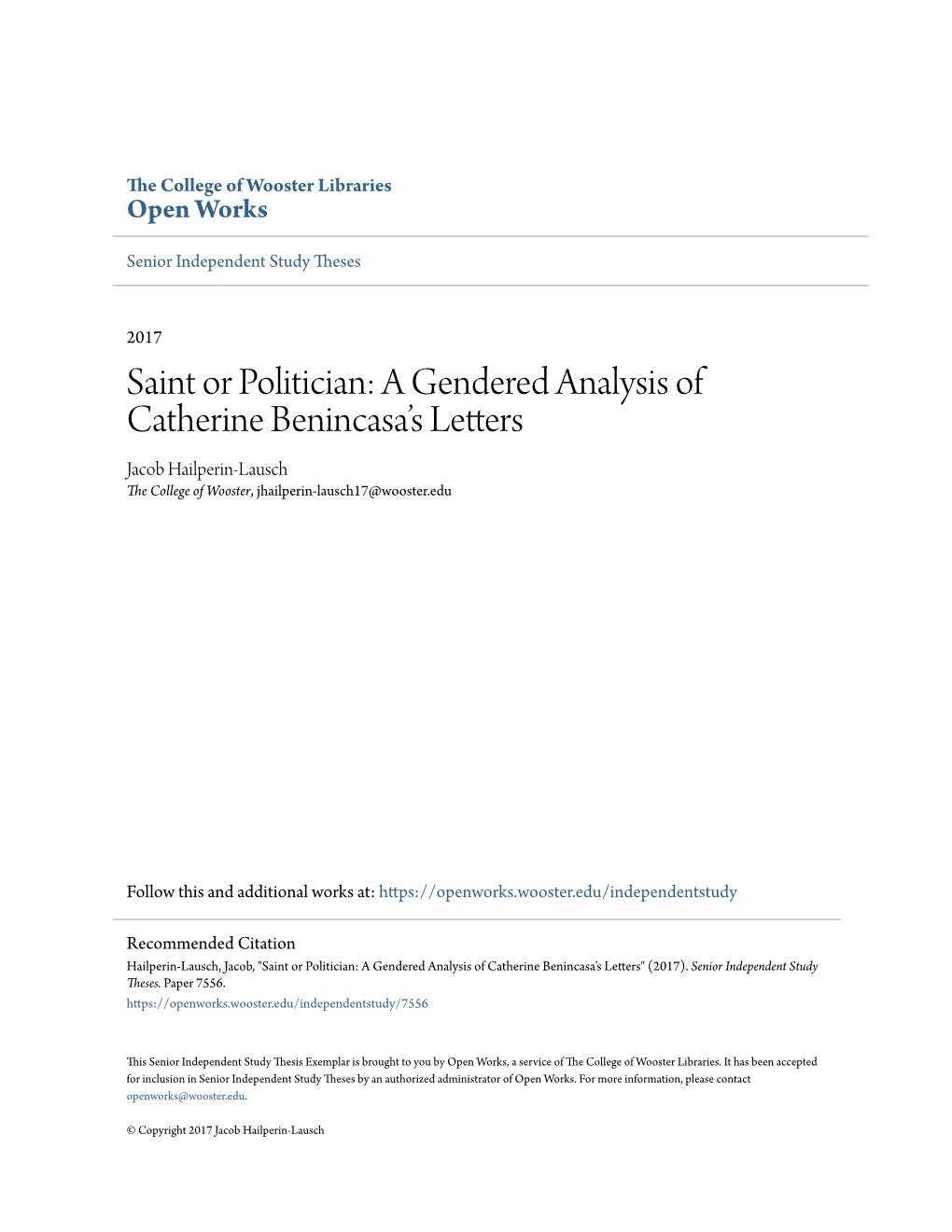 A Gendered Analysis of Catherine Benincasa's Letters