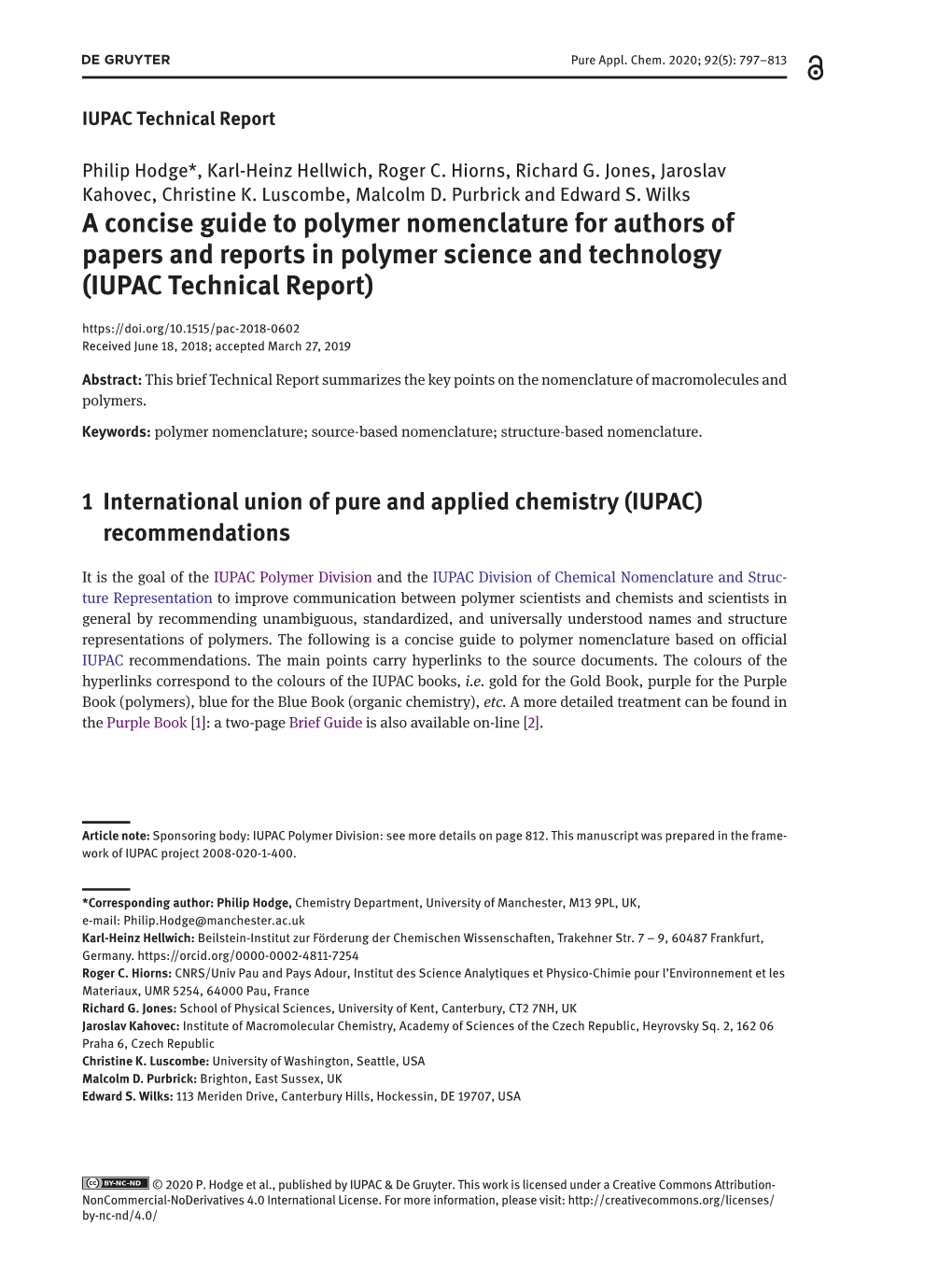 A Concise Guide to Polymer Nomenclature for Authors of Papers